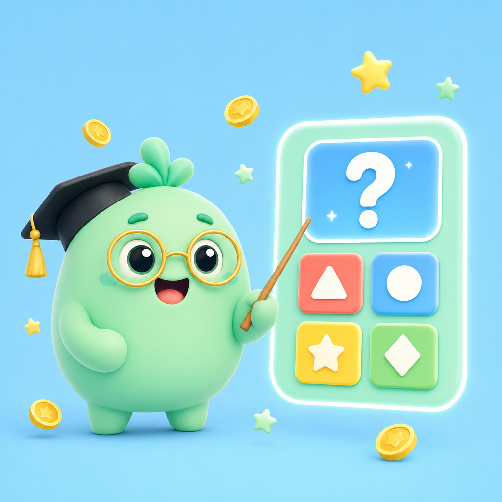 Mint mascot teaching a colorful quiz board
