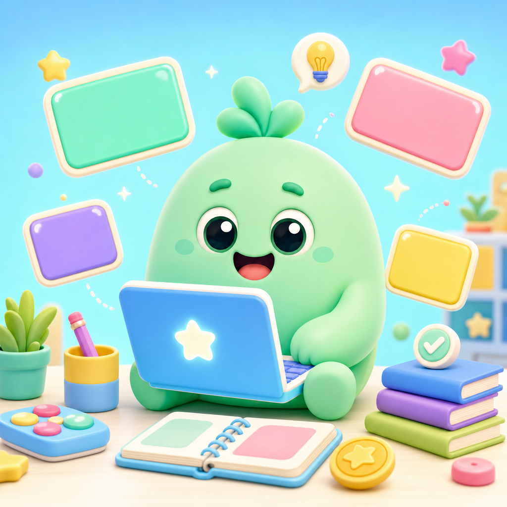 Mint mascot creating a quiz on a toy laptop