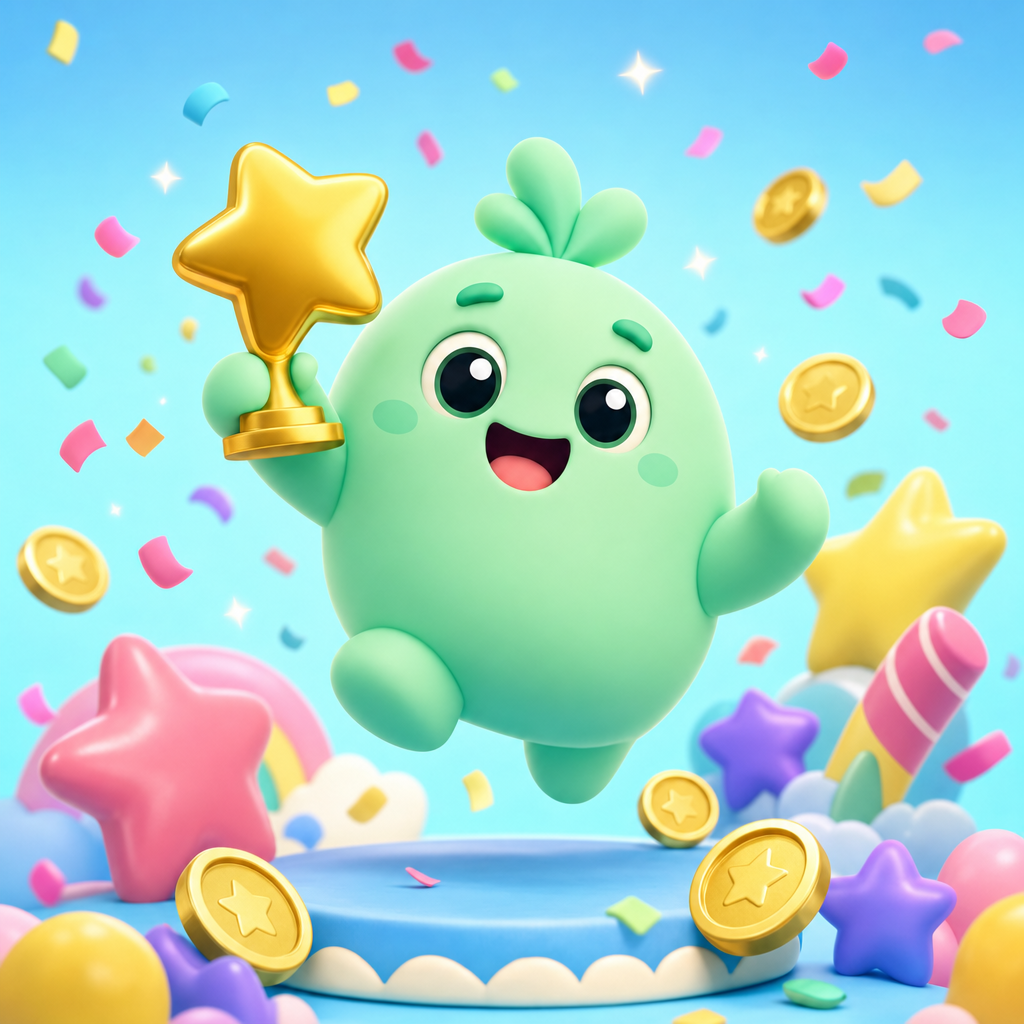 Mint mascot jumping with a gold star trophy